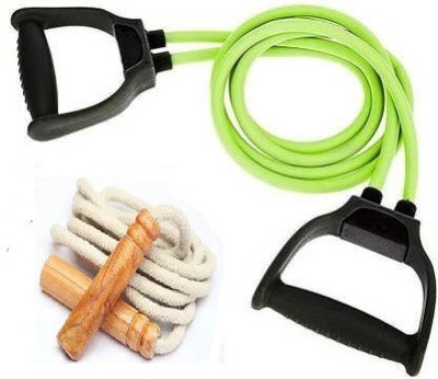 EMMKITZ Double Resistance Band withHigh Quality Wooden Handle Jumping Skipping Rope Resistance Tube(green & white)