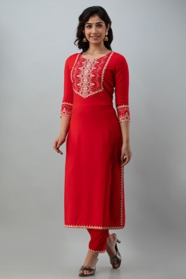 RAABA Women Embellished Straight Kurta(Red)