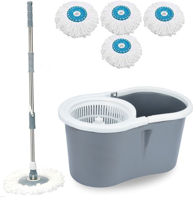 V-MOP Premium Classic Grey Dry Magic Spin Bucket Mop Set With 4 Microfiber Refills (( 6 Months Warranty on Rod )) Wet & Dry Mop(Multicolor)
