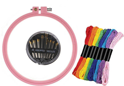 Lucknow Crafts Lko Cr Special Combo Pack of 1 Plastic Embroidery Hoop Frame of 8 inch + 30 Compact Needles + 10 Multicolor Thread of 8 mts. each - For Sewing and Embroidery Work Sewing Kit