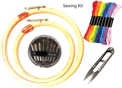 Lucknow Crafts Lko Cr Special Combo Pack of 2 Embroidery hoop of 5,7 Inches + 7 Cotton Skeins 8mtr. each Multicolor + 1 Thread Cutter + Pack of 30 Needles - For Sewing and Embroidery Work-Sewing Kit Sewing Kit