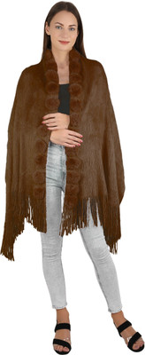 manra Wool Self Design Women Shawl(Brown)