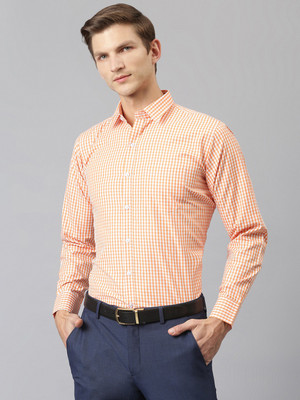 ACCOX Men Checkered Formal Orange Shirt