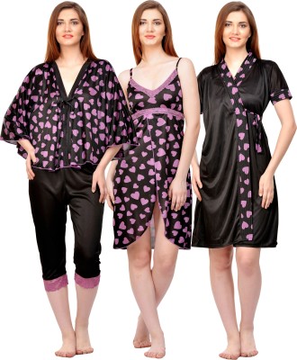 PHALIN Women Nighty with Robe(Purple, Black)