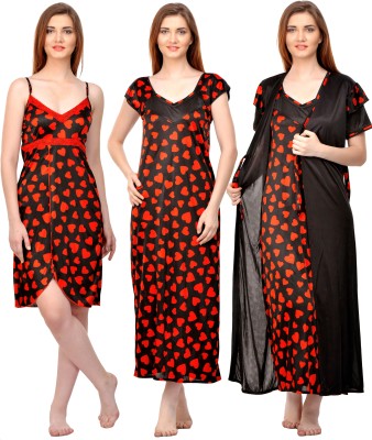 ROWENA Women Nighty with Robe(Red, Black)