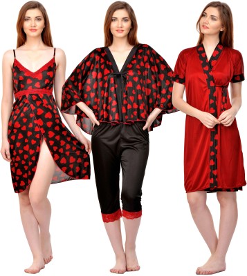 PHALIN Women Nighty with Robe(Maroon, Black)