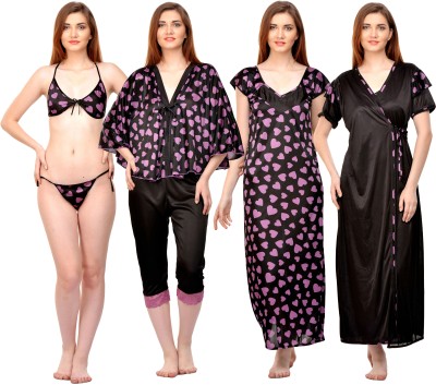 ROWENA Women Nighty with Robe(Purple, Black)