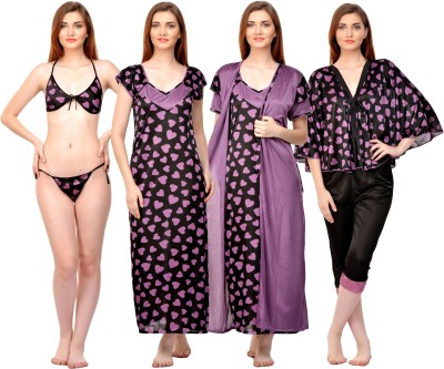 ROWENA Women Nighty with Robe(Purple, Black)