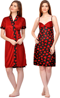 PHALIN Women Nighty with Robe(Maroon, Black)