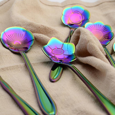 Litvibes stainless steel creative tableware Flower Dessert spoon,Coffee spoon,Sugar spoon,Mixing spoon,Tea spoon,Stirring spoon,Cake and Ice cream spoon,Stir bar Rainbow spoons -Set of 4 Stainless Steel Dessert Spoon Set(Pack of 4)