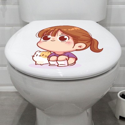 KREEPO 25.4 cm Preety Girl and Cat Design Toilet Seat Stickers Decals Self-Adhesive Removable PVC Vinly Waterproof (10x10)inch Red,Pack of 2 Self Adhesive Sticker(Pack of 2)
