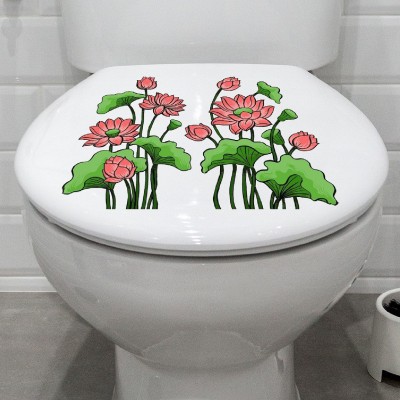 KREEPO 25.4 cm Red Flowers and Green Leaf Design Toilet Seat Stickers Decals Self-Adhesive Removable PVC Vinly Water proof (10x10)inch,Pack of 2 Self Adhesive Sticker(Pack of 2)