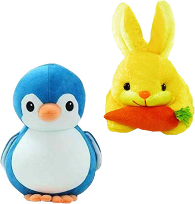 Toyhaven Adorable combo set of 2 super cute stuffed animals for kids and special occasions /RABBIT and PENGUIN/ soft toys for gifting, birthdays and anniversaries  - 25 cm(Blue, Yellow)