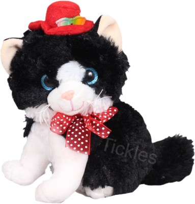 Tickles Soft Stuffed Plush Animal Sitting Cat Wearing Red Hat Toy For Kids Room Home Decoration  - 20 cm(Black and White)