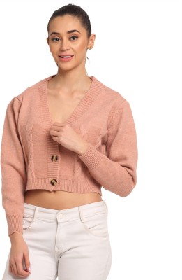 GLOBAL REPUBLIC Solid V Neck Casual Women Pink Sweater