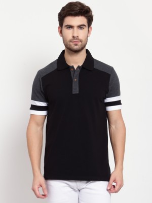 KALT Colorblock Men Polo Neck Black T-Shirt