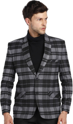 Essentiele Checkered Single Breasted Casual Men Blazer(Black, Grey)