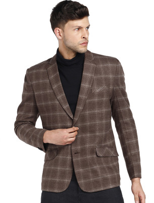 Essentiele Checkered Single Breasted Party, Casual Men Blazer(Brown)