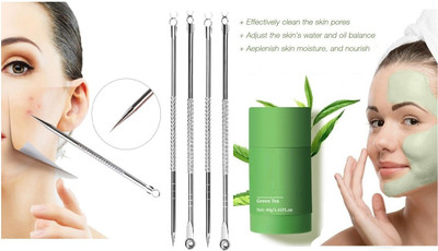 REIMICHI Green Tea Mud Mask Stick & Black head removing needle Set(5 Items in the set)