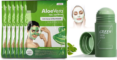 ADJD Aloe Vera Peel Off Mask Enriched With Fruits Extract and Vitamin E firmly Removes Dirt And Impurities from Skin & Green Tea Purifying Clay Stick Mask Oil Control Anti Acne Eggplant Cleaning Solid Mask(2 Items in the set)