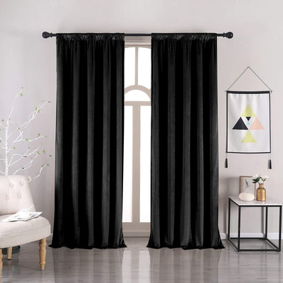 Linen Basics 152 cm (5 ft) Velvet Room Darkening Window Curtain (Pack Of 2)(Solid, Black)