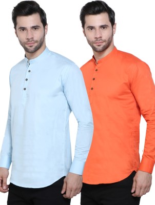 CRAFT HEAVEN Men Solid Straight Kurta(Light Blue, Orange)