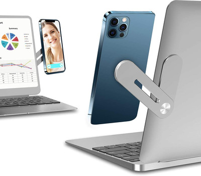 Amulakh Laptop Side Mount Clip, Magnetic Phone Mount, Fixed Clip on Flat and Slim Monitor Laptop Stand Multi Screen Support Phone Holder Computer Expansion Bracket for iPhone Android Smartphone Stainless Steel Desk Stand Rotatable Laptop Stand Compatible with Universal Laptops(Silver)