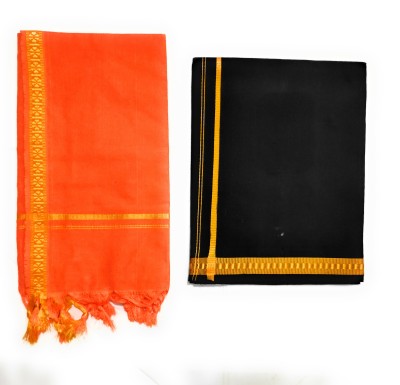 SHERHAAN Solid, Striped Black, Gold, Orange Lungi