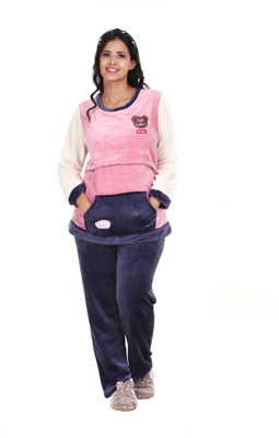 MUKHAKSH Women Self Design Pink, Blue Top & Pyjama Set