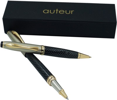 auteur Zeus Premium Black & Grey Carban Fiber Finish 2 Pcs Best Writing Fancy Ballpoint Pen & Luxury Gel Roller Pen Gift Set(Pack of 2, Blue)
