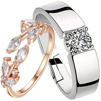 MYKI Stunning Double Colour Combo Couple Ring For Women & Men Stainless Steel Cubic Zirconia Silver Plated Ring Set