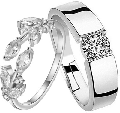 MYKI Aesthetic King & Queen Love Forever Couple Ring For Men & Women Stainless Steel Cubic Zirconia Silver Plated Ring Set