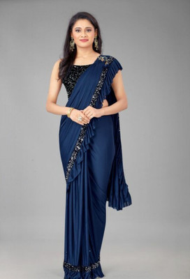 priyanshi creation Solid/Plain Bollywood Silk Blend Saree(Dark Blue)