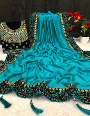 SONALIDESIGNER Embroidered Bollywood Crepe, Art Silk Saree(Light Blue)