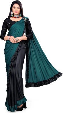 Apnisha Solid/Plain Bollywood Lycra Blend Saree(Dark Green)