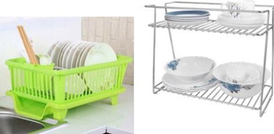 Somkala Containers Kitchen Rack Plastic, Steel Present a 3 in 1 Large Sink Set Dish Rack Drainer Drying Rack Washing Basket with Tray for Kitchen, Dish Rack Organizer & stainless Steel Spice 2-Tier Trolley Container Organizer Organiser/Basket for Boxes Utensils Dishes Plates for Home