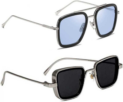 sunwear Rectangular, Retro Square Sunglasses(For Men & Women, Blue, Grey)