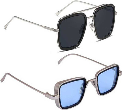 shadz Rectangular, Retro Square Sunglasses(For Men & Women, Black, Blue)