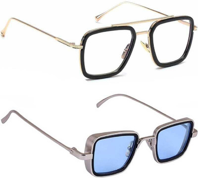 sunwear Rectangular, Retro Square Sunglasses(For Men & Women, Clear, Blue)