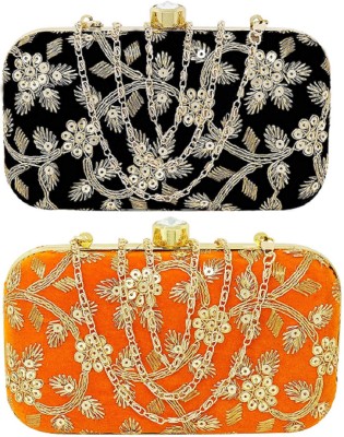 Dev Handicraft Casual, Party, Formal Black, Orange  Clutch(Pack of: 2)