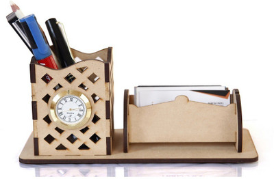 YIXT 2 Compartments wooden desk organizer pen sstand card holder(Brown)