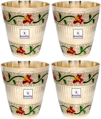 BrassCity (Pack of 4) Pure Brass floral Style Design Glass Tumbler, 220 ML, Set of 4 Glass Set Water/Juice Glass(220 ml, Brass, Multicolor)