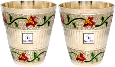 BrassCity (Pack of 2) Pure Brass floral Style Design Glass Tumbler, 220 ML, Set of 2 Glass Set Water/Juice Glass(220 ml, Brass, Multicolor)