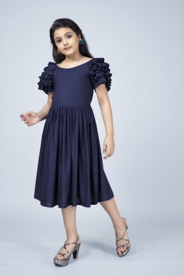 Mirrow Trade Girls Below Knee Casual Dress(Dark Blue, Short Sleeve)