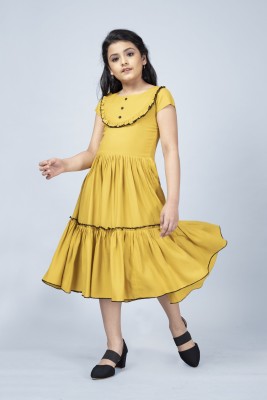 Mirrow Trade Girls Below Knee Casual Dress(Yellow, Short Sleeve)
