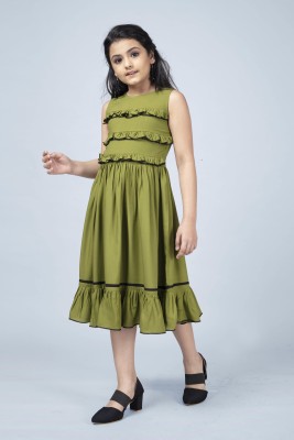 Mirrow Trade Girls Below Knee Casual Dress(Green, Sleeveless)