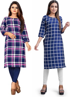Textile Fab Women Checkered Straight Kurta(Blue, Pink)