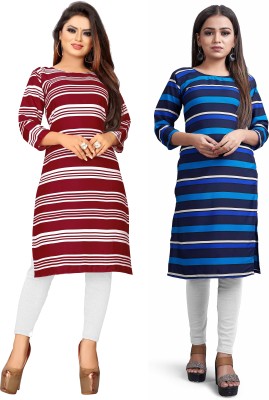 Textile Fab Women Striped A-line Kurta(Red, Blue)