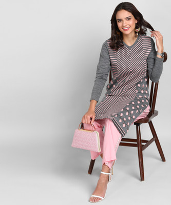 Anmi Printed Women Straight Kurta(Grey)