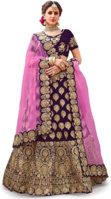 Women Wed Solid Semi Stitched Lehenga Choli(Purple)